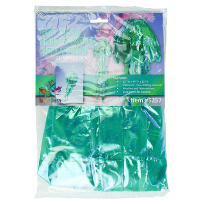 A beautiful 40" Teal Iridescent Jellyfish 3D Windsock with 12 flowing tentacles, designed for outdoor display, showcasing captivating ocean-inspired decor.