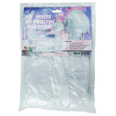 A 40-inch White Iridescent Jellyfish 3D Windsock swaying in the wind, highlighting its shimmering fabric and lifelike tentacles.