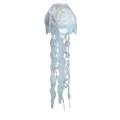 A 40-inch White Iridescent Jellyfish 3D Windsock swaying in the wind, highlighting its shimmering fabric and lifelike tentacles.