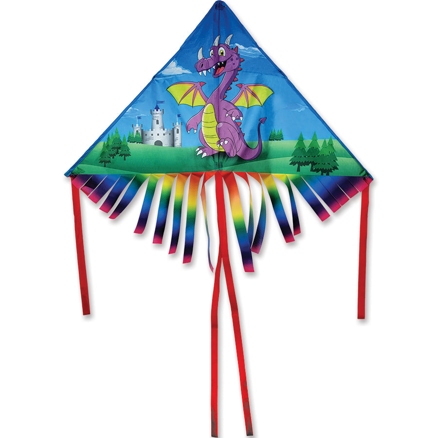 42 in. Fringe Delta Kite featuring a colorful purple dragon design, flying against a clear blue sky with streamer tails visible.