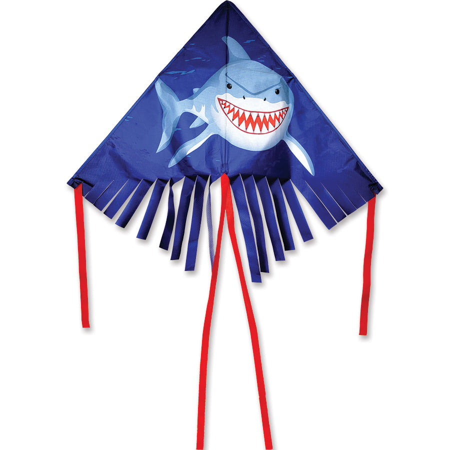 42 in. Fringe Delta Kite - Shark, brightly colored delta kite with streamer tails flying against a blue sky, measuring 42 x 21 inches.