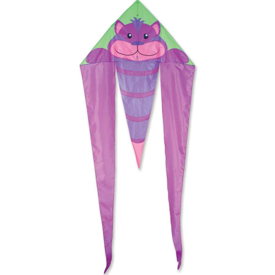 Colorful 45 in. Flo-Tail Delta Kite - Cheshire soaring with vibrant tail in a sunny outdoor park, showcasing excellent flying design.