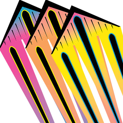 Three 46 in. Flo-Train Delta Kites soaring in the sky, showcasing their colorful tails and sleek design, ready for outdoor fun.