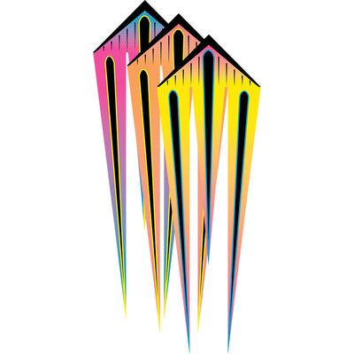 Three 46 in. Flo-Train Delta Kites soaring in the sky, showcasing their colorful tails and sleek design, ready for outdoor fun.