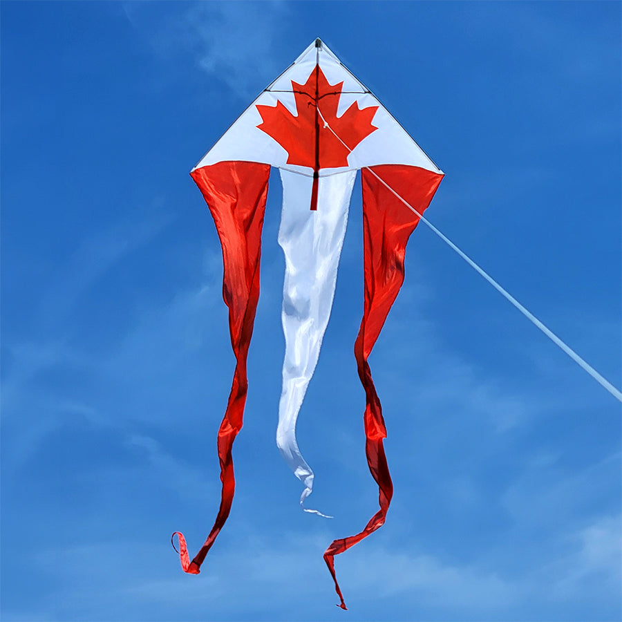 46 in. Flo-Train Delta Kite showcasing the Canada flag with a 10ft tail flying in a clear blue sky, ideal for outdoor fun.