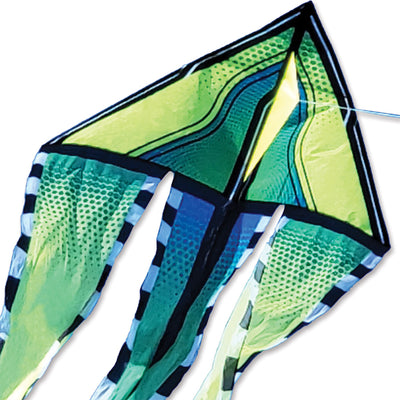 46 in. Flo-Train Delta Kite soaring high in the sky, showcasing its vibrant design and long tail during an outdoor event.