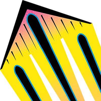 46 in. Flo-Train Delta Kite in vibrant mango design with long 10-foot tail flying against a blue sky in an outdoor setting.