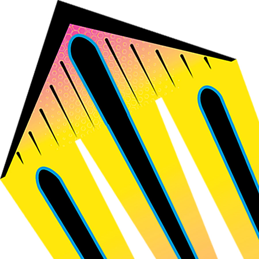 46 in. Flo-Train Delta Kite in vibrant mango design with long 10-foot tail flying against a blue sky in an outdoor setting.