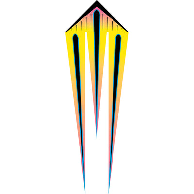 46 in. Flo-Train Delta Kite in vibrant mango design with long 10-foot tail flying against a blue sky in an outdoor setting.