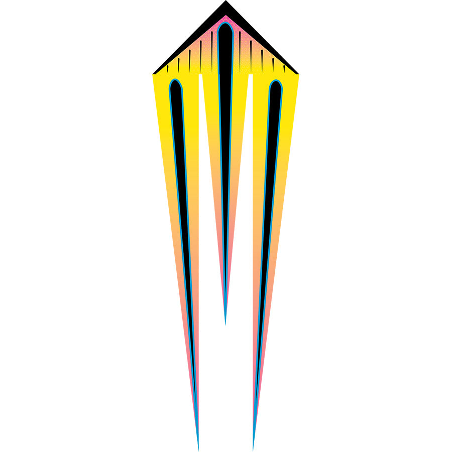 46 in. Flo-Train Delta Kite in vibrant mango design with long 10-foot tail flying against a blue sky in an outdoor setting.