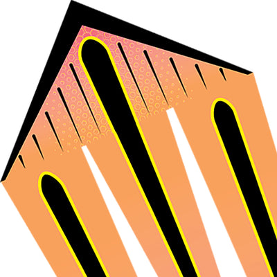 46 in. Flo-Train Delta Kite - Orange Shock Flag soaring against a clear blue sky, displaying its long colorful tails in an outdoor setting.