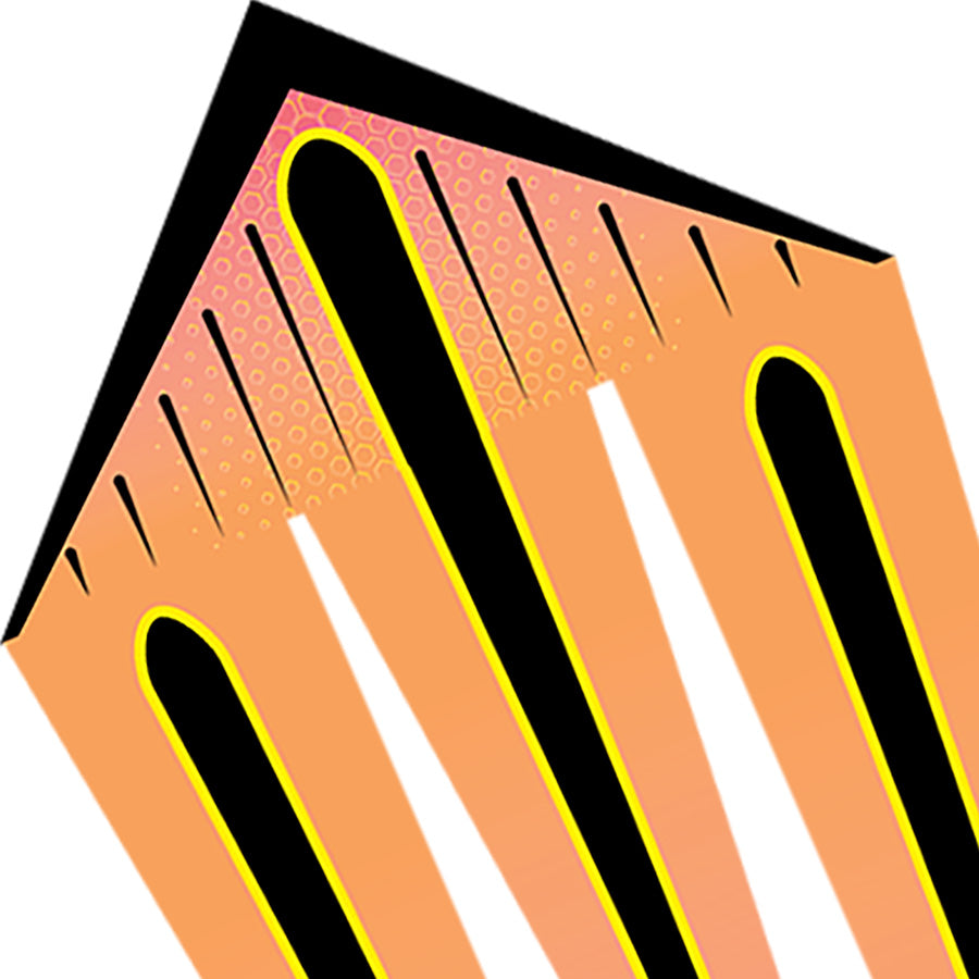 46 in. Flo-Train Delta Kite - Orange Shock Flag soaring against a clear blue sky, displaying its long colorful tails in an outdoor setting.