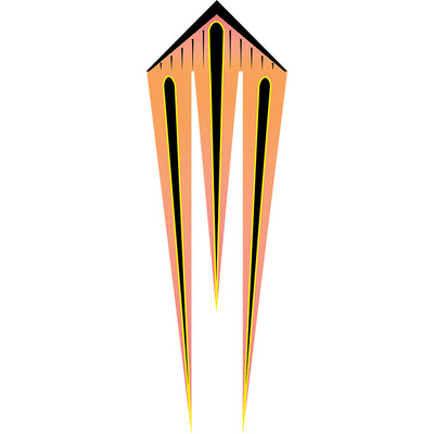 46 in. Flo-Train Delta Kite - Orange Shock Flag soaring against a clear blue sky, displaying its long colorful tails in an outdoor setting.
