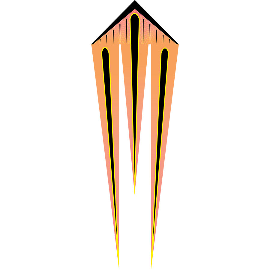 46 in. Flo-Train Delta Kite - Orange Shock Flag soaring against a clear blue sky, displaying its long colorful tails in an outdoor setting.