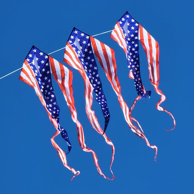 Patriotic 46 in. Flo-Train Delta Kite set with colorful prints and 12-foot tails flying high against a blue sky.