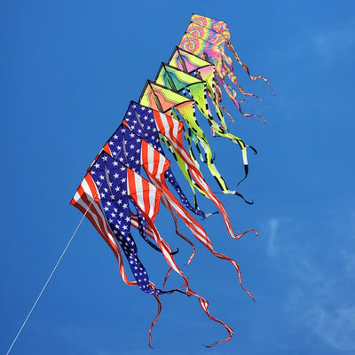 Patriotic 46 in. Flo-Train Delta Kite set with colorful prints and 12-foot tails flying high against a blue sky.