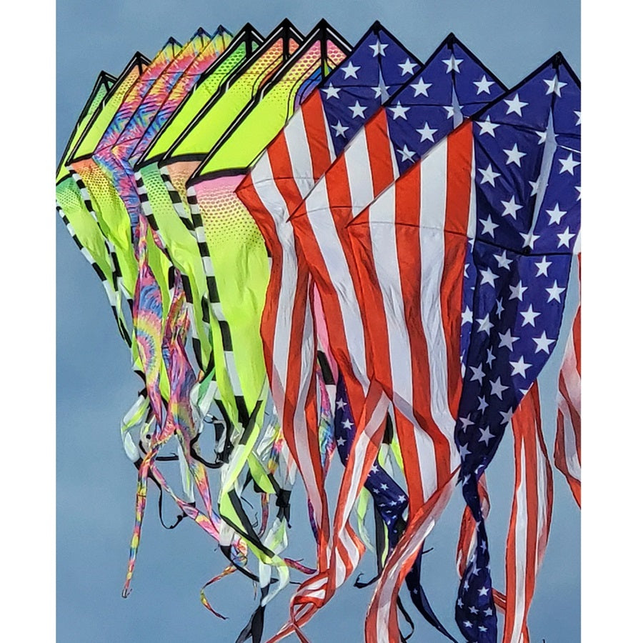Patriotic 46 in. Flo-Train Delta Kite set with colorful prints and 12-foot tails flying high against a blue sky.