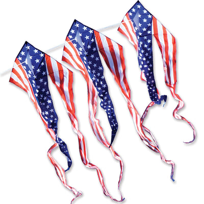 Patriotic 46 in. Flo-Train Delta Kite set with colorful prints and 12-foot tails flying high against a blue sky.