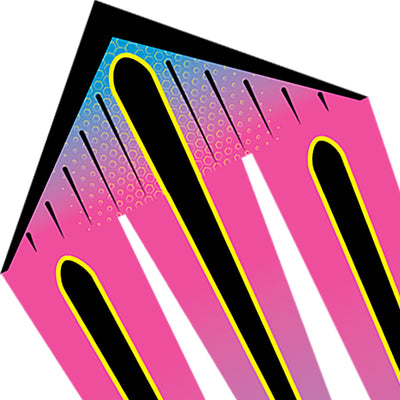 46 in. Flo-Train Delta Kite with striking raspberry design and 10-foot tails flying in a clear blue sky, ideal for outdoor fun.