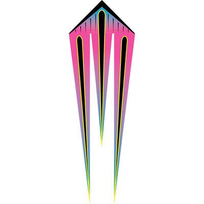 46 in. Flo-Train Delta Kite with striking raspberry design and 10-foot tails flying in a clear blue sky, ideal for outdoor fun.