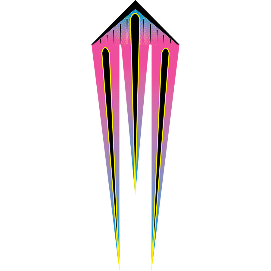 46 in. Flo-Train Delta Kite with striking raspberry design and 10-foot tails flying in a clear blue sky, ideal for outdoor fun.
