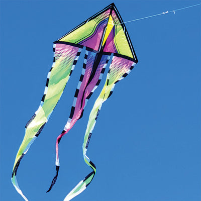 46 in. Flo-Train Delta Kite in Tropical Breeze design, featuring a vibrant 12-foot tail, displayed soaring in a clear blue sky.