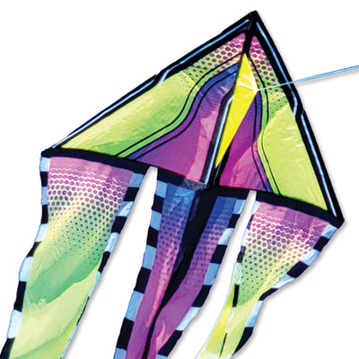46 in. Flo-Train Delta Kite in Tropical Breeze design, featuring a vibrant 12-foot tail, displayed soaring in a clear blue sky.