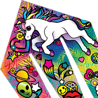 46 in. Flo-Train Delta Kite featuring a colorful unicorn design and a 12-foot tail, flying in a clear blue sky on a sunny day.