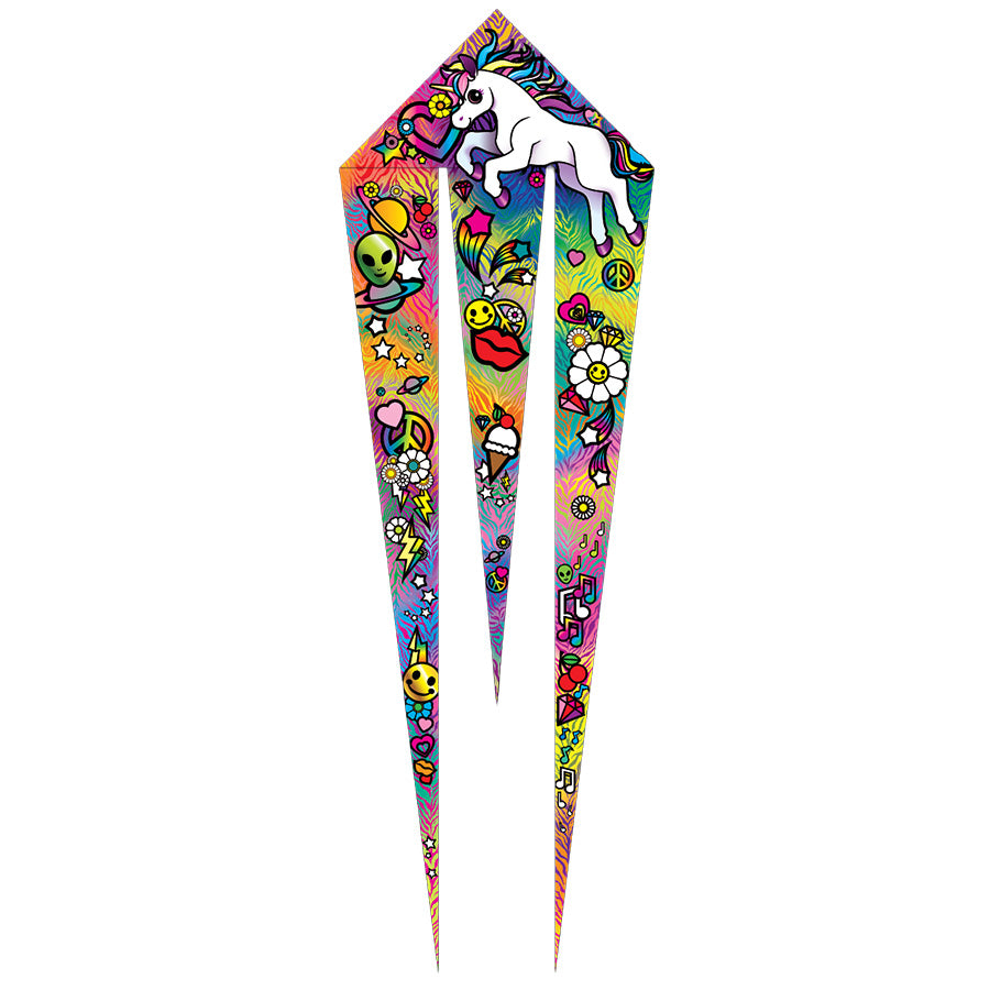 46 in. Flo-Train Delta Kite featuring a colorful unicorn design and a 12-foot tail, flying in a clear blue sky on a sunny day.