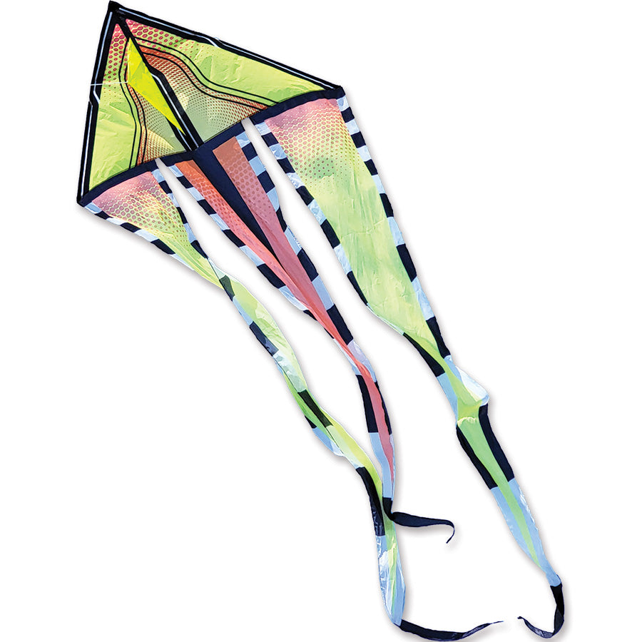 46 in Flo-Train Delta Kite - Warm Breeze with a vibrant 12-foot tail flying against a blue sky during a sunny outdoor outing.