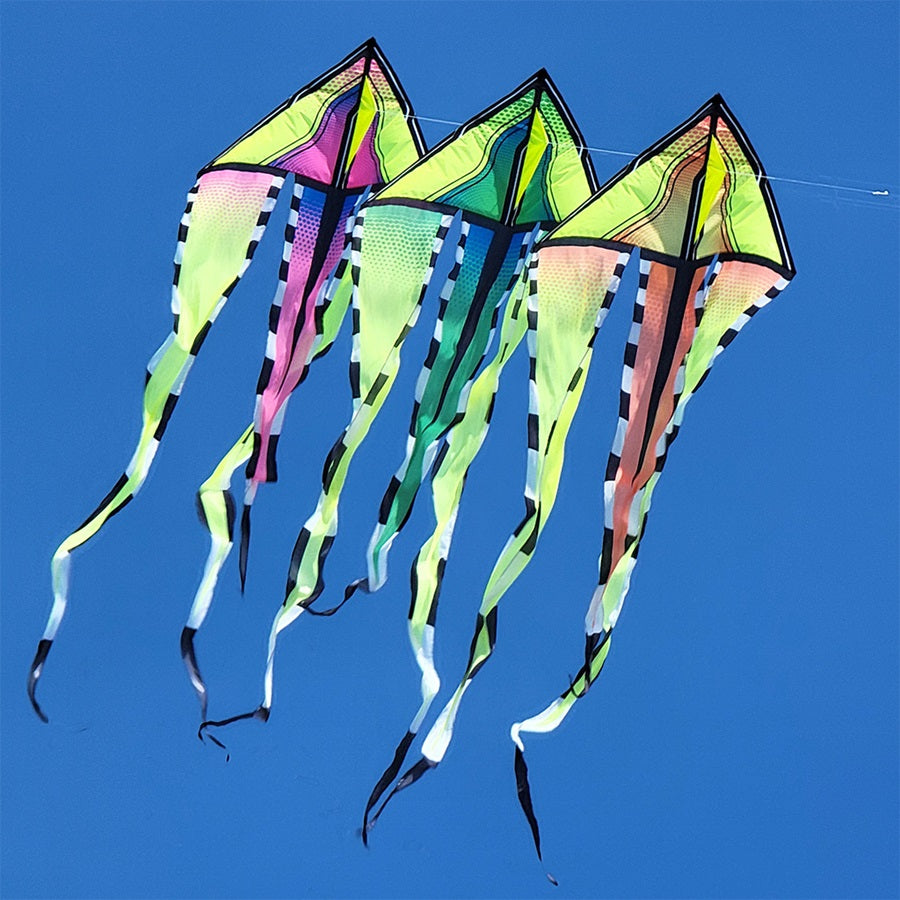 Colorful 46 in. Flo-Train Delta Kites bundle featuring Warm Breeze, Cool Breeze, and Tropical Breeze designs with 10-foot tails, ready for flight.