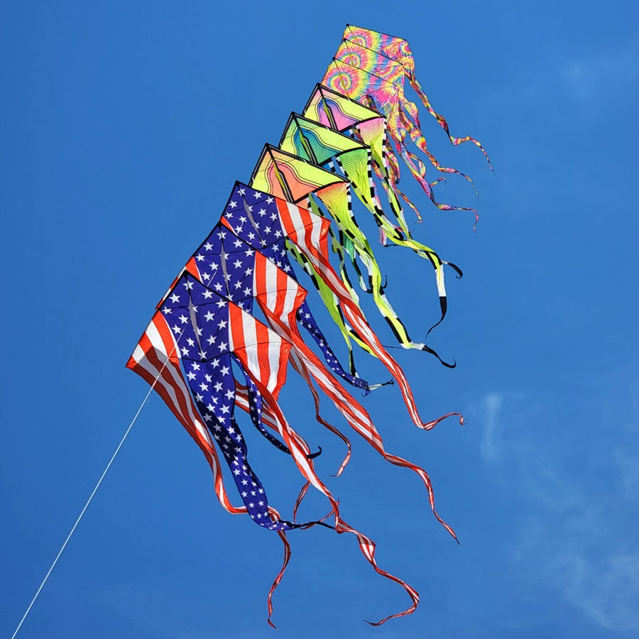 Colorful 46 in. Flo-Train Delta Kites bundle featuring Warm Breeze, Cool Breeze, and Tropical Breeze designs with 10-foot tails, ready for flight.