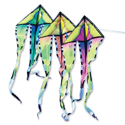 Colorful 46 in. Flo-Train Delta Kites bundle featuring Warm Breeze, Cool Breeze, and Tropical Breeze designs with 10-foot tails, ready for flight.