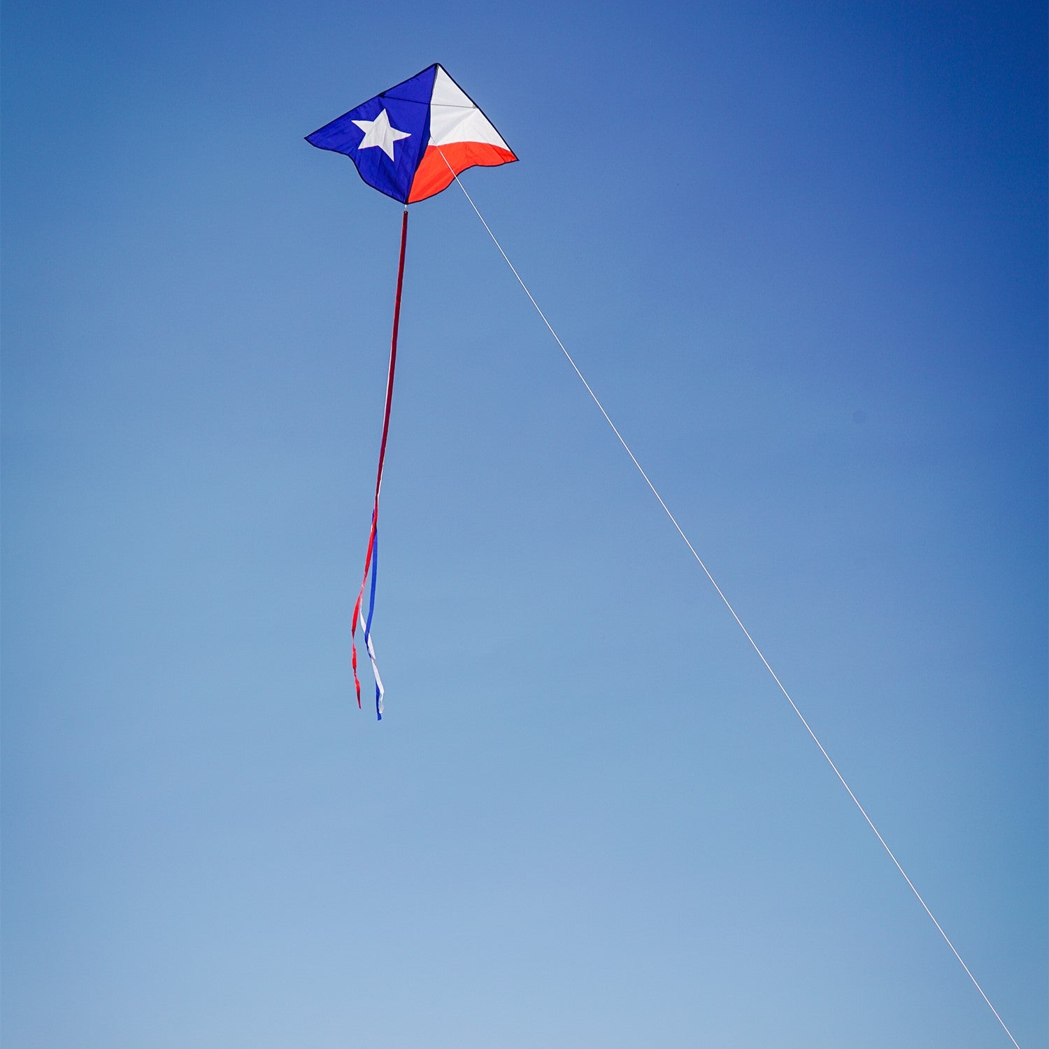 46-inch Texas Delta Kite showcasing a vibrant Lone Star design with colorful 12-foot streamers flying against a clear blue sky.