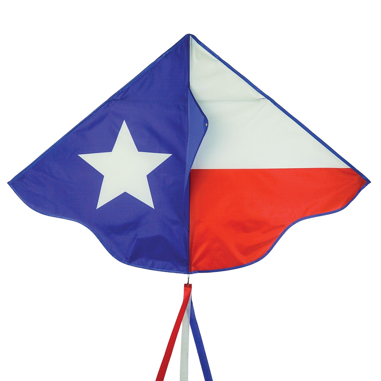 46-inch Texas Delta Kite showcasing a vibrant Lone Star design with colorful 12-foot streamers flying against a clear blue sky.