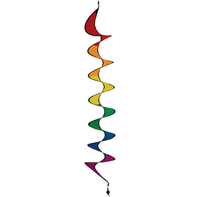 Vibrant 48-inch Rainbow Curlie fluttering in the wind, showcasing bold colors and dynamic movement against a clear sky.