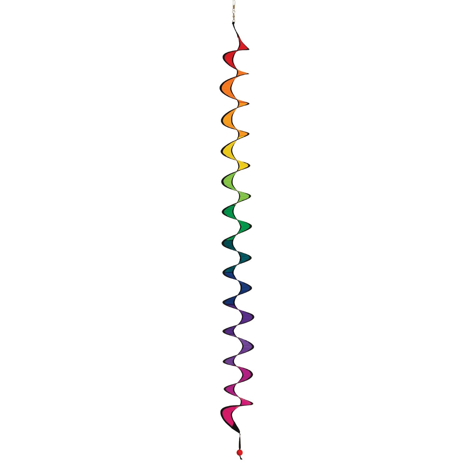 48-inch Rainbow Thin Curlie hanging in a garden, showcasing vibrant colors and a whimsical design that spins in the breeze.
