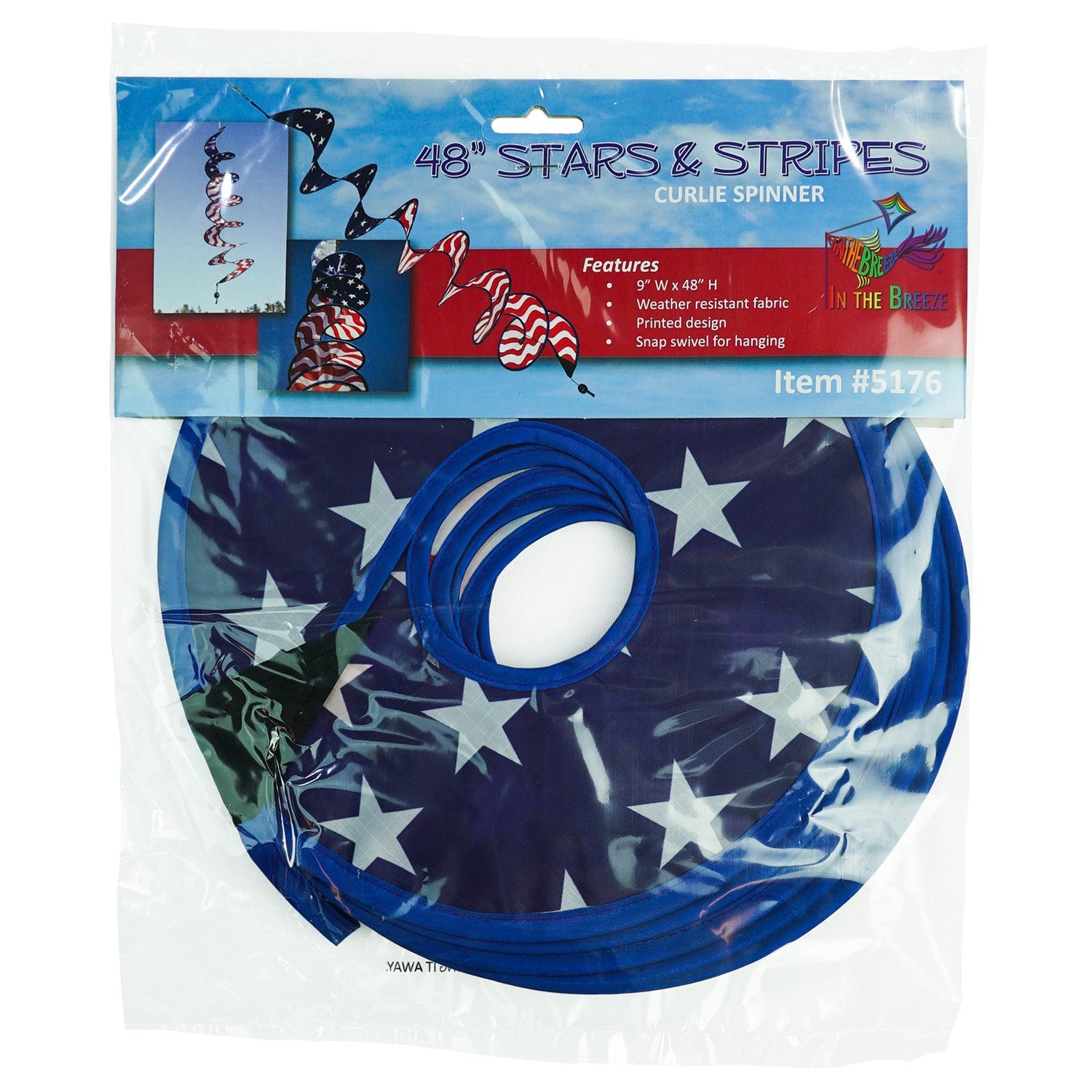 48-inch Stars and Stripes Curlie featuring red, white, and blue graphic dancing in the breeze as a decorative outdoor hanging piece.