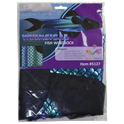 Whimsical Color-Changing Fishsock measuring 48 inches, showcasing reflective fish scale fabric, hanging outdoors in a garden setting.