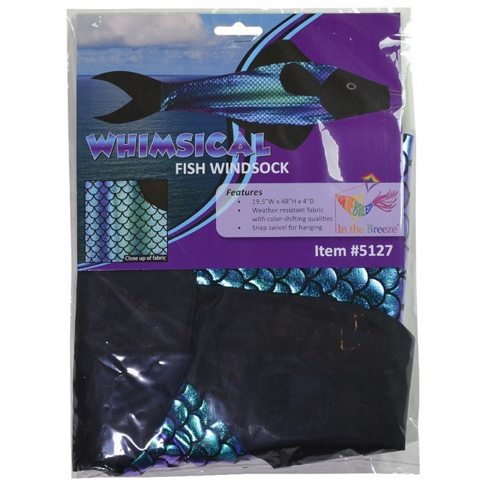 Whimsical Color-Changing Fishsock measuring 48 inches, showcasing reflective fish scale fabric, hanging outdoors in a garden setting.
