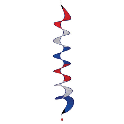 48-inch Red, White, and Blue Curlie hanging outdoors, swirling with the breeze, showcasing its vivid colors and patriotic design.