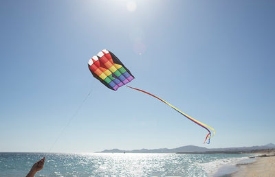 5.0 Rainbow Stripes Air Foil kite soaring in a clear blue sky, showcasing colorful appliques and attached tails in flight.