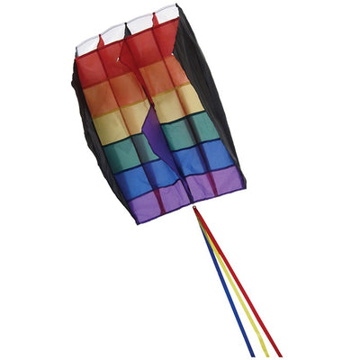 5.0 Rainbow Stripes Air Foil kite soaring in a clear blue sky, showcasing colorful appliques and attached tails in flight.