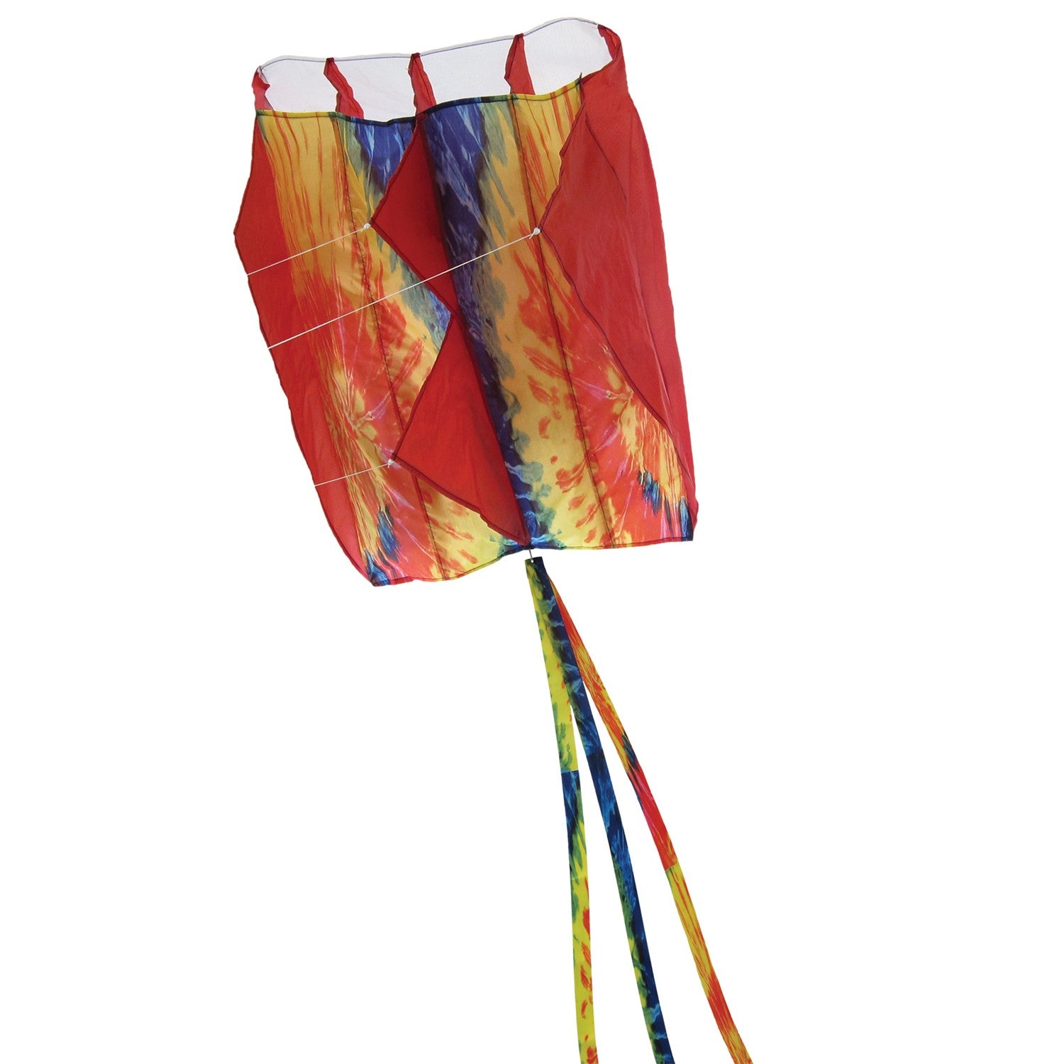 5.0 Tie Dye Red Air Foil Kite soaring in a bright blue sky, showcasing its vibrant colors and aerodynamic structure.