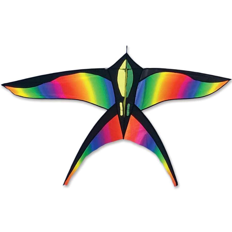 5.5 ft. Rainbow Skylark 3D kite with gradient ripstop sail, fiberglass frame, and 300 ft. line. Includes reusable fabric case with color header.