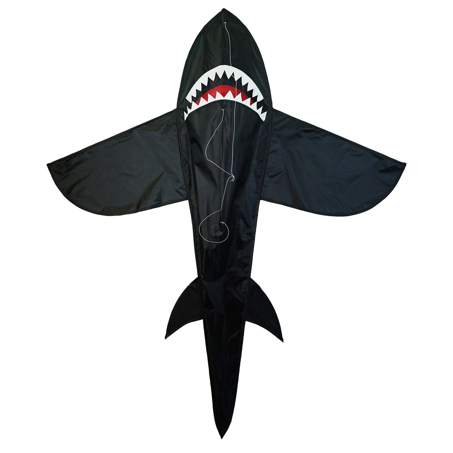 5-foot 3D Black Shark kite flying against a clear blue sky, showing its tooth-lined jaws and dynamic tail movement.
