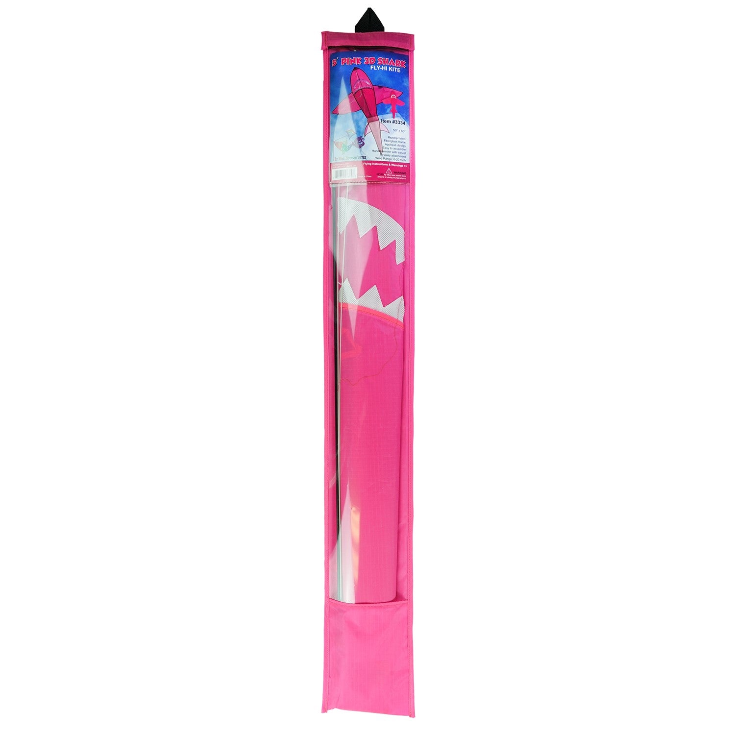 5' 3D Pink Shark Kite soaring against a clear blue sky, showcasing its vibrant colors and detailed design in flight.