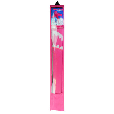 5' 3D Pink Shark Kite soaring against a clear blue sky, showcasing its vibrant colors and detailed design in flight.