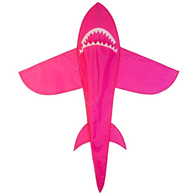 5' 3D Pink Shark Kite soaring against a clear blue sky, showcasing its vibrant colors and detailed design in flight.