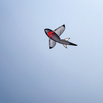 5' Realistic Shark Kite gliding through the sky, showcasing its 3D appearance and toothy grin, perfect for outdoor activities.